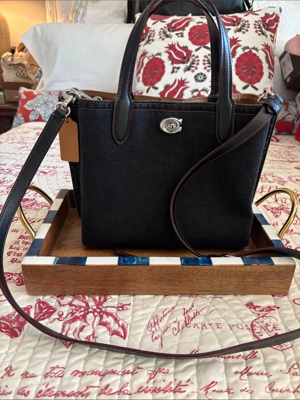 Authentic COACH Black Denim Willow Tote w Blk/Red Trimmed Leather